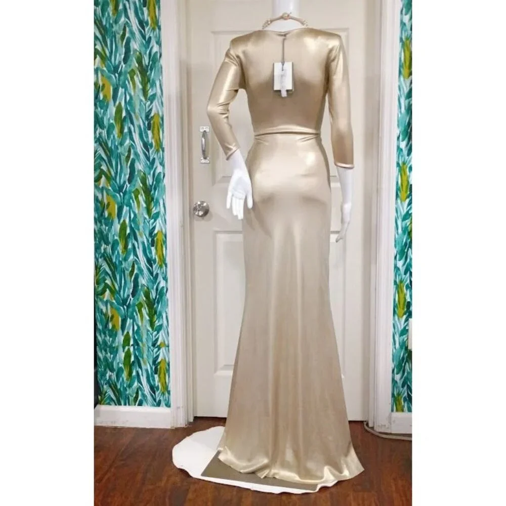Chiara Boni made in Italy Metallic Gold Gown Size 0 Long Evening Pleated Waist D - Picture 2 of 12